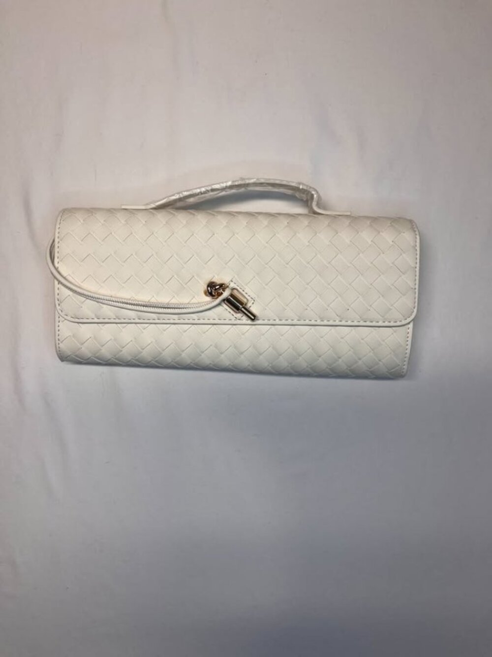 NWT White Woven Vegan Leather Evening Clutch Bag Gold Knot - Brand New